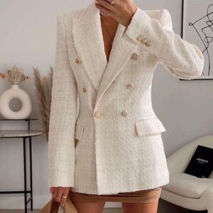 ZARA Textured Double-Breasted Ivory Blazer – XS – NWOT
